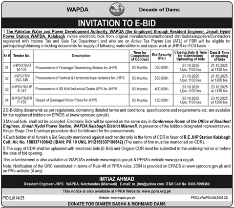 WAPDA Basha Tender Notice